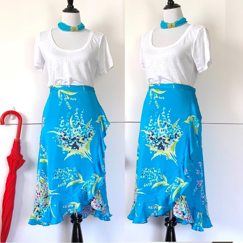 Valerie Stevens 100% Silk Blue Floral Midi Ruffle Faux Wrap Skirt Sz 8P - Picture 4 of 16